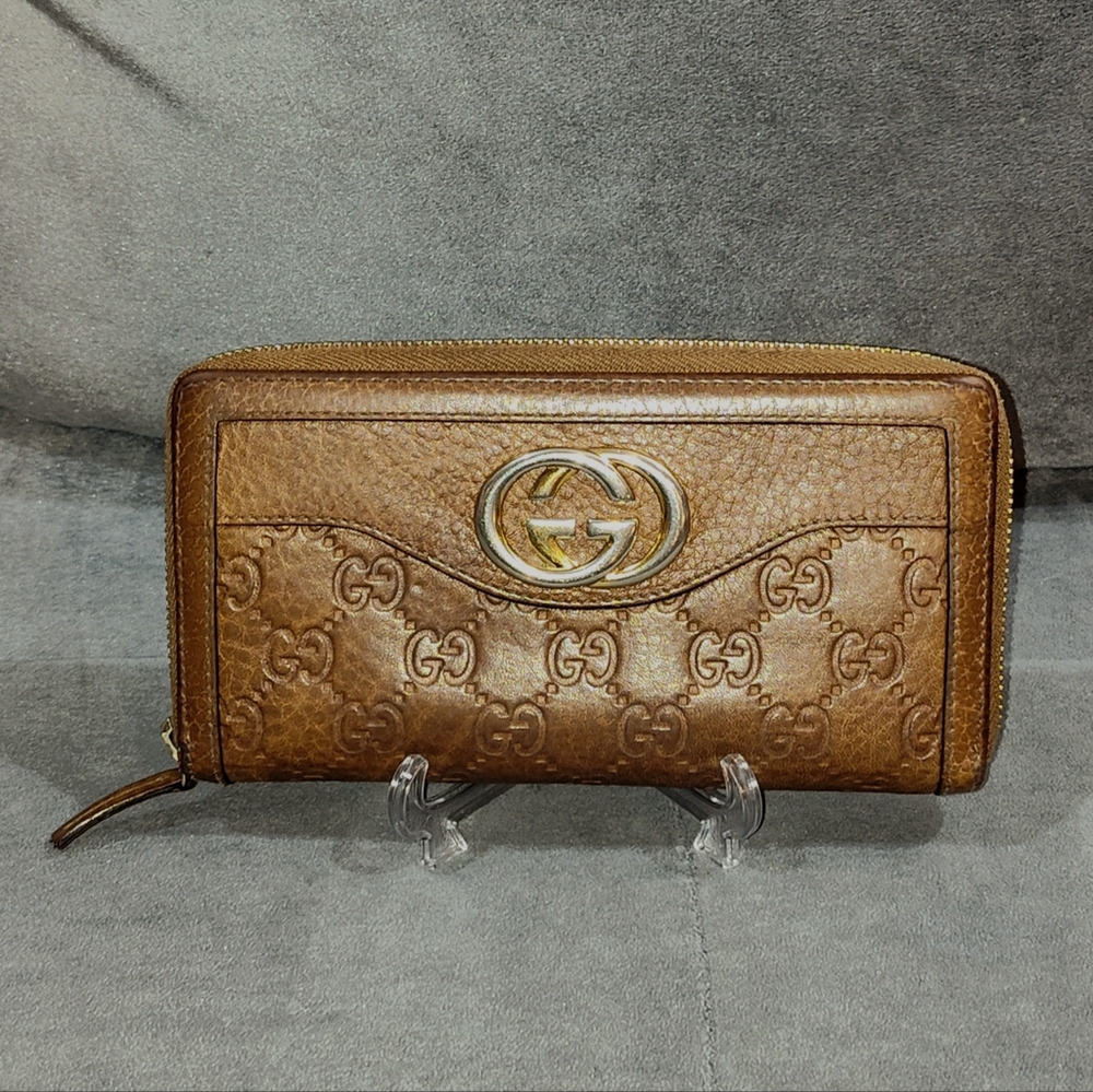 GUCCI GG SUKEY BROWN CAVIAR LEATHER MONOGRAM ZIP AROUND LONG WALLET 7½" x 4"